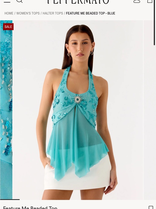 Peppermayo Tops - Peppermayo Teal Blue Halter Top with Beaded Accent